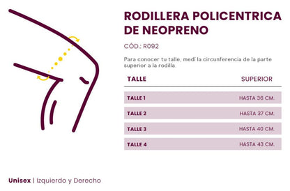 Rodillera con articulación policéntrica en neopreno, diseñada para ofrecer soporte y estabilidad óptimos en las rodillas. Ideal para la prevención y rehabilitación de lesiones, proporcionando un ajuste cómodo y seguro gracias a su material flexible y transpirable. 