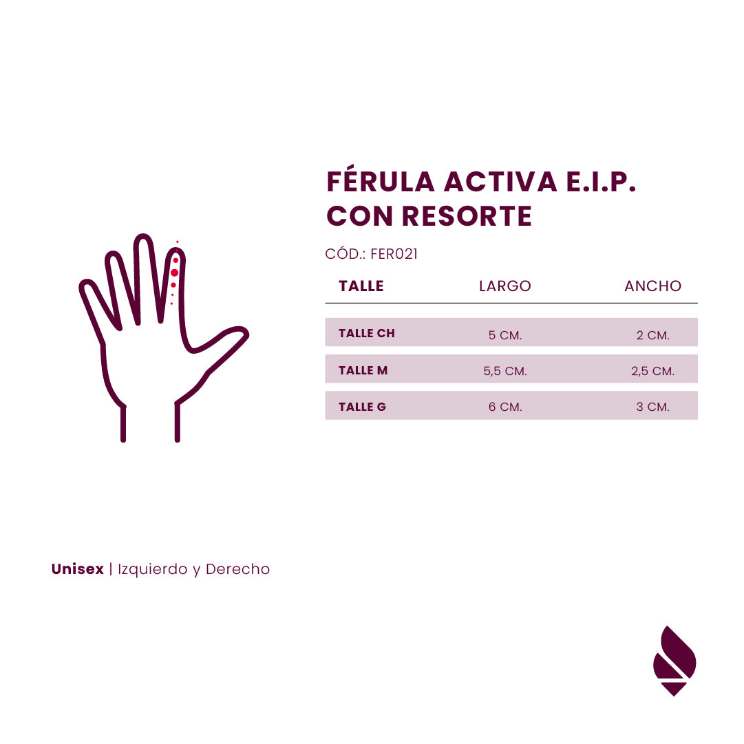 Férula activa E.I.P con resorte, diseñada para ofrecer soporte y comodidad en la rehabilitación de lesiones en manos o muñecas. Ideal para inmovilizar, proteger y permitir el movimiento controlado gracias a su sistema con resorte. Perfecta para la recuperación funcional y prevención de complicaciones.