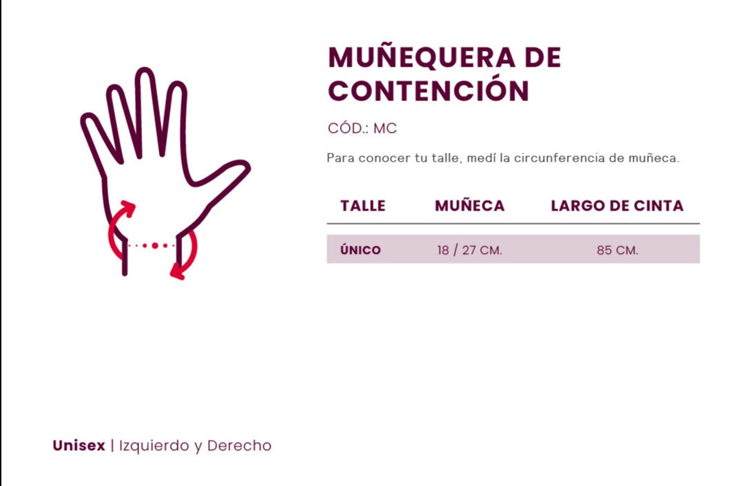 La **muñequera de contención** es un dispositivo diseñado para brindar soporte y protección a la muñeca en caso de lesiones, esguinces o dolores musculares. Fabricada con materiales elásticos y ajustables, proporciona estabilidad sin limitar el movimiento, ideal para la recuperación de lesiones o para prevenirlas durante actividades físicas.