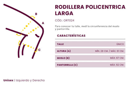 La *Rodillera Policéntrica Larga* ofrece soporte avanzado para la rodilla con su diseño de articulación doble, ideal para la recuperación de lesiones o la prevención de futuras. Fabricada con materiales de alta calidad, proporciona estabilidad, confort y protección durante la actividad física.