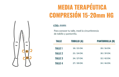 Medias de compresión 15/20 mmHg hasta la rodilla, con punta cerrada. Diseñadas para mejorar la circulación sanguínea, aliviar la fatiga y reducir la hinchazón en las piernas. Ideales para personas que pasan mucho tiempo de pie o sentadas, o para quienes necesitan un soporte extra durante la recuperación de lesiones.