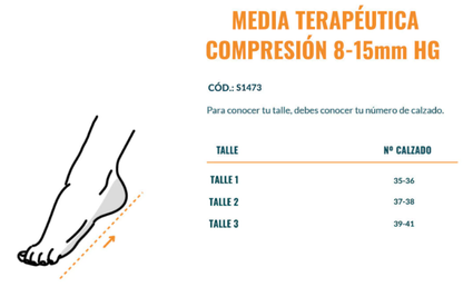 Media de compresión 8/15 mmHg para dama, ideal para uso casual. Ofrece soporte y comodidad, mejorando la circulación sanguínea y reduciendo la fatiga en las piernas. Perfectas para actividades diarias y de descanso, combinando estilo y funcionalidad.